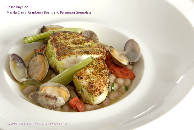** This photograph is copyrighted and protected, visit www.photographybydiana.com for more information  **    photo of: Terrance Brennan Casco Bay Cod - Manila Clams, Cranberry Beans and Parmesan Gremolata 