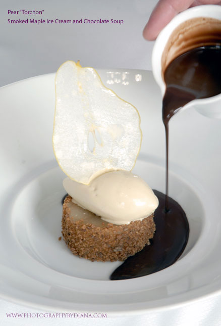 ** This photograph is copyrighted and protected, visit www.photographybydiana.com for more information  **    photo of: Terrance Brennan Pear Torchon Smoked Maple Ice Cream and Chocolate Soup 
