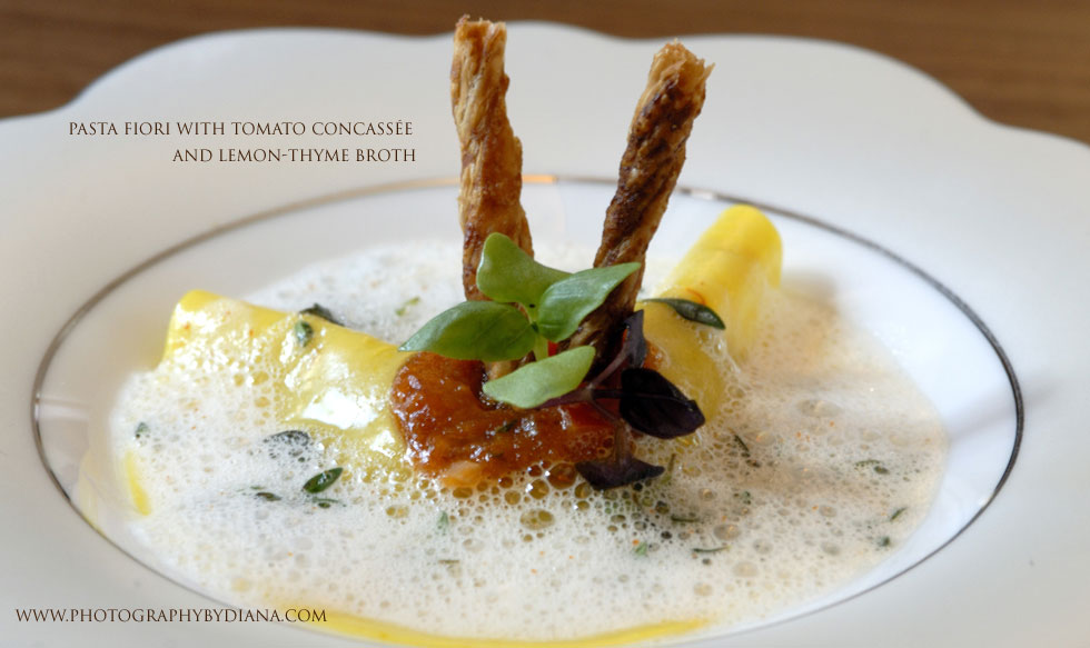** This photograph is copyrighted and protected, visit www.photographybydiana.com for more information  **    photo of: Gray Kunz Pasta Fiori with Tomato Concass�e and Lemon-Thyme Broth 