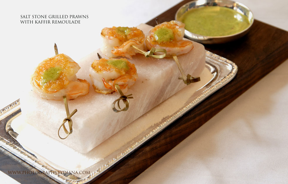 ** This photograph is copyrighted and protected, visit www.photographybydiana.com for more information  **    photo of: Gray Kunz Salt Stone Grilled Prawns with Kaffir Remoulade 
