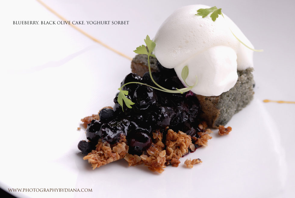 ** This photograph is copyrighted and protected, visit www.photographybydiana.com for more information  **    photo of:  Sam Mason Blueberry, Black Olive Cake, Yoghurt Sorbet 