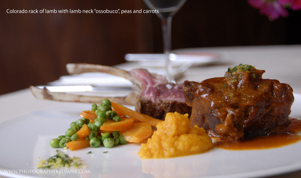 ** This photograph is copyrighted and protected, visit www.photographybydiana.com for more information  **    photo of: Colorado rack of lamb with lamb neck 'ossobuco', peas and carrots