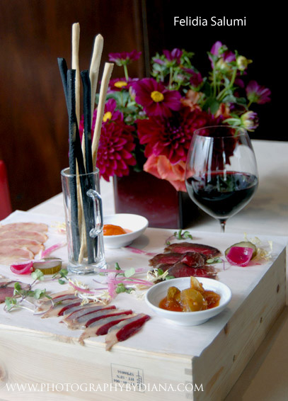** This photograph is copyrighted and protected, visit www.photographybydiana.com for more information  **    photo of: Felidia Salumi chocolate-cured wild boar, spicy paprika cured Niman ranch pork loin, black pepper-cured Wagyu beef, coffee-cured venison loin and Juniper berry-cured duck breast. Served with green tomato and pear 'mostarda' and house pickle