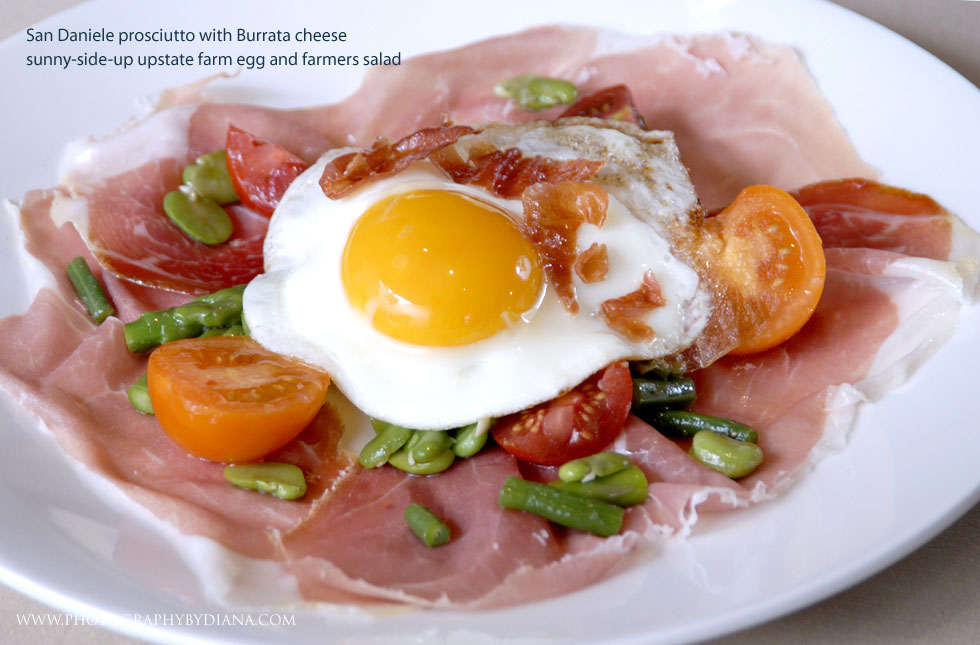 ** This photograph is copyrighted and protected, visit www.photographybydiana.com for more information  **    photo of: San Daniele prosciutto with Burrata cheese sunny-side-up upstate farm egg and farmers salad