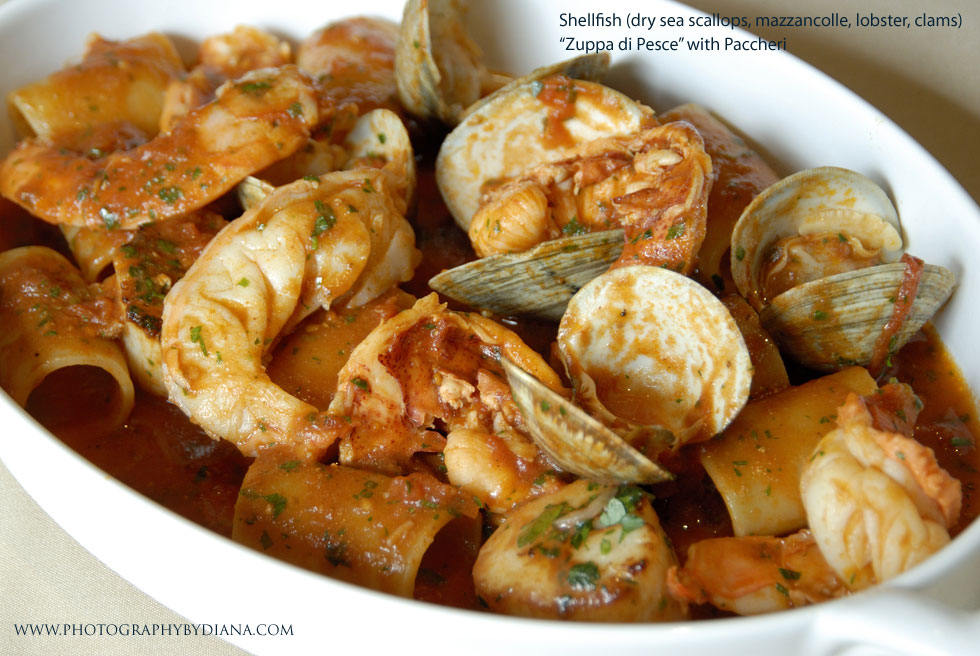 ** This photograph is copyrighted and protected, visit www.photographybydiana.com for more information  **    photo of: Shellfish (dry sea scallops, mazzancolle, lobster, clams) Zuppa di Pesce with Paccheri