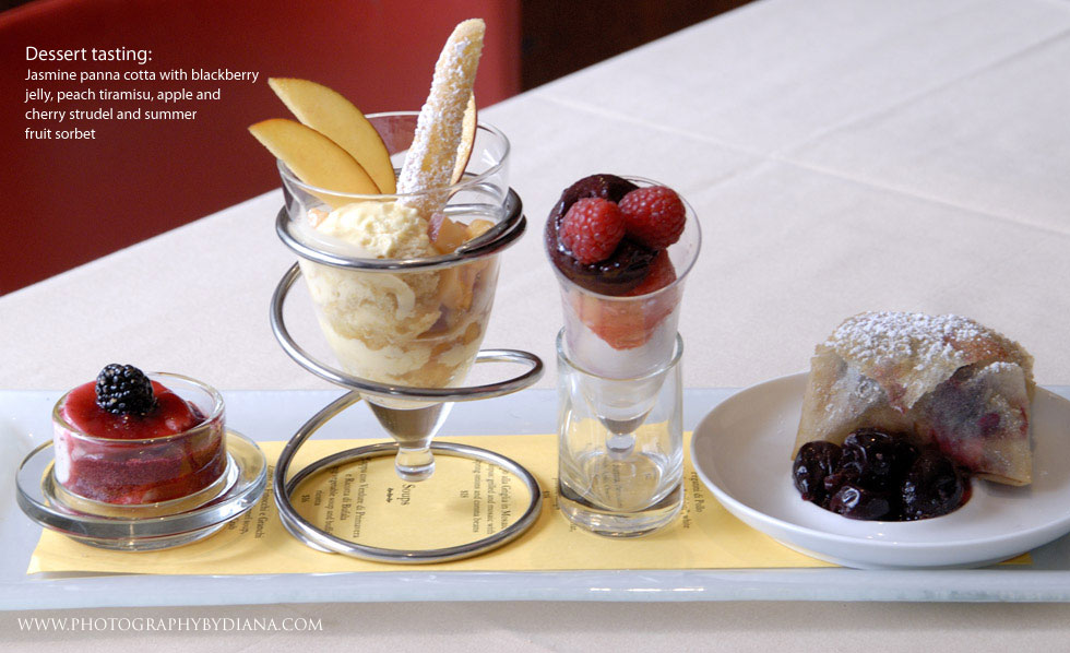 ** This photograph is copyrighted and protected, visit www.photographybydiana.com for more information  **    photo of: Dessert tasting: Jasmine panna cotta with blackberry jelly, peach tiramisu, apple and cherry strudel and summer fruit sorbet