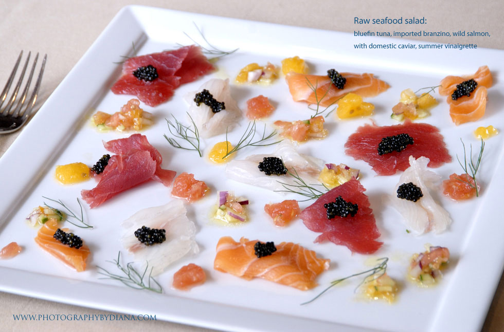 ** This photograph is copyrighted and protected, visit www.photographybydiana.com for more information  **    photo of: Raw seafood salad: bluefin tuna, imported branzino, wild salmon, with domestic caviar, summer vinaigrette 