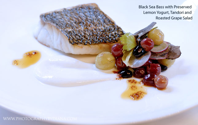 ** This photograph is copyrighted and protected, visit www.photographybydiana.com for more information  **    photo of: Craig Hopson -  Black Sea Bass with Preserved Lemon Yogurt, Tandori and Roasted Grape Salad 