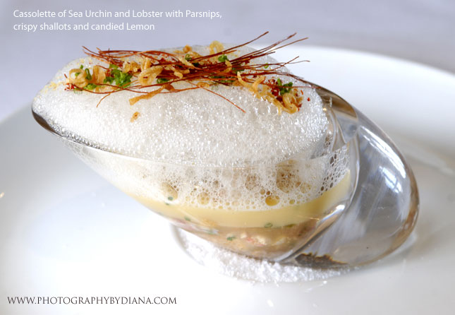 ** This photograph is copyrighted and protected, visit www.photographybydiana.com for more information  **    photo of: Ken Oringer -  Cassolette of Sea Urchin and Lobster with Parsnips, crispy shallots and candied Lemon 