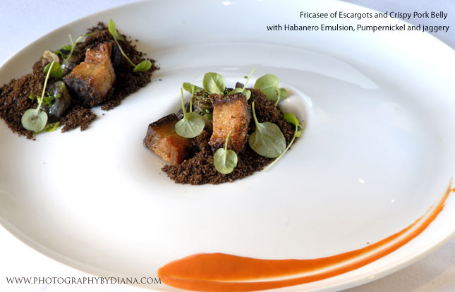 ** This photograph is copyrighted and protected, visit www.photographybydiana.com for more information  **    photo of: Ken Oringer -  Fricasee of Escargots and Crispy Pork Belly with Habanero Emulsion, Pumpernickel and jaggery 