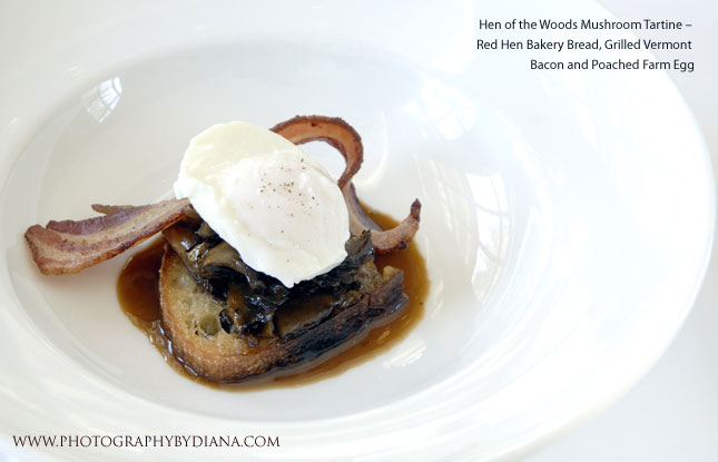 ** This photograph is copyrighted and protected, visit www.photographybydiana.com for more information  **    photo of: Craig Tresser and Eric Warnstedt -  Hen of the Woods Mushroom Tartine � Red Hen Bakery Bread, Grilled Vermont Bacon and Poached Farm Egg 