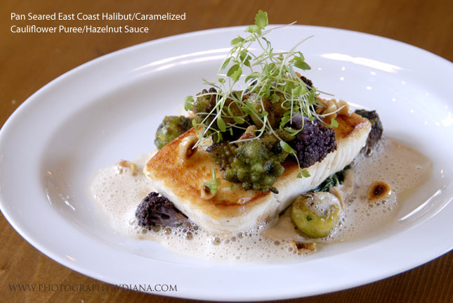 ** This photograph is copyrighted and protected, visit www.photographybydiana.com for more information  **    photo of: Laurent Tourondel PPan Seared East Coast Halibut/Caramelized Cauliflower Puree/Hazelnut Sauce  