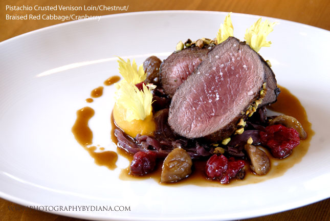 ** This photograph is copyrighted and protected, visit www.photographybydiana.com for more information  **    photo of: Laurent Tourondel Pistachio Crusted Venison Loin/Chestnut/Braised Red Cabbage/Cranberry 