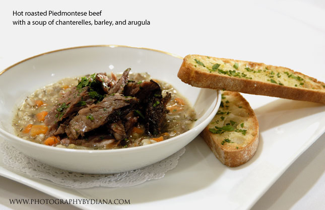 ** This photograph is copyrighted and protected, visit www.photographybydiana.com for more information  **    photo of: Larry Forgione: Hot roasted Piedmontese beef with a soup of chanterelles, barley, and arugula