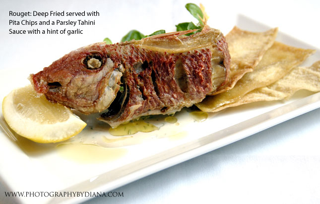 ** This photograph is copyrighted and protected, visit www.photographybydiana.com for more information  **    photo of Philippe Massoud: Rouget: Deep Fried served with Pita Chips and a Parsley Tahini Sauce with a hint of garlic  