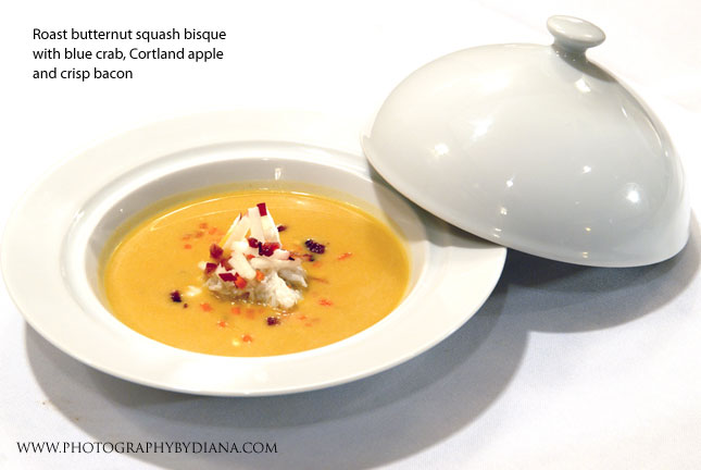 ** This photograph is copyrighted and protected, visit www.photographybydiana.com for more information  **    photo of: Larry Forgione: Roast butternut squash bisque with blue crab, Cortland apple and crisp bacon 