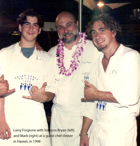 ** This photograph is copyrighted and protected, visit www.photographybydiana.com for more information  **    photo of: Larry Forgione: Larry Forgione with his sons Bryan (left) and Mark (right) at a guest chef dinner in Hawaii, in 1998