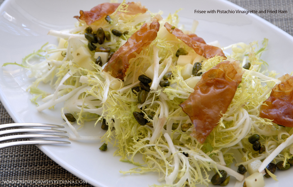 ** This photograph is copyrighted and protected, visit www.photographybydiana.com for more information ** photo of: Frisee with Pistachio Vinaigrette and Fried Ham