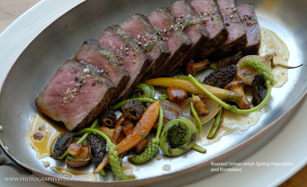 ** This photograph is copyrighted and protected, visit www.photographybydiana.com for more information ** photo of: Roasted Sirloin with Spring Vegetables and Bordelaise