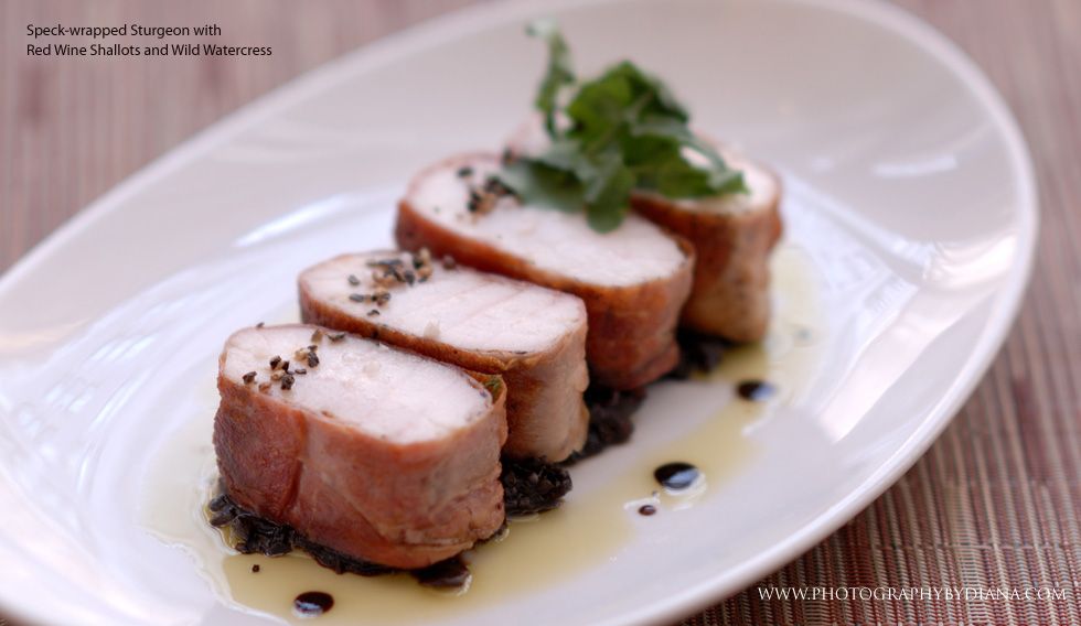 ** This photograph is copyrighted and protected, visit www.photographybydiana.com for more information ** photo of: Speck-wrapped Sturgeon with Red Wine Shallots and Wild Watercress